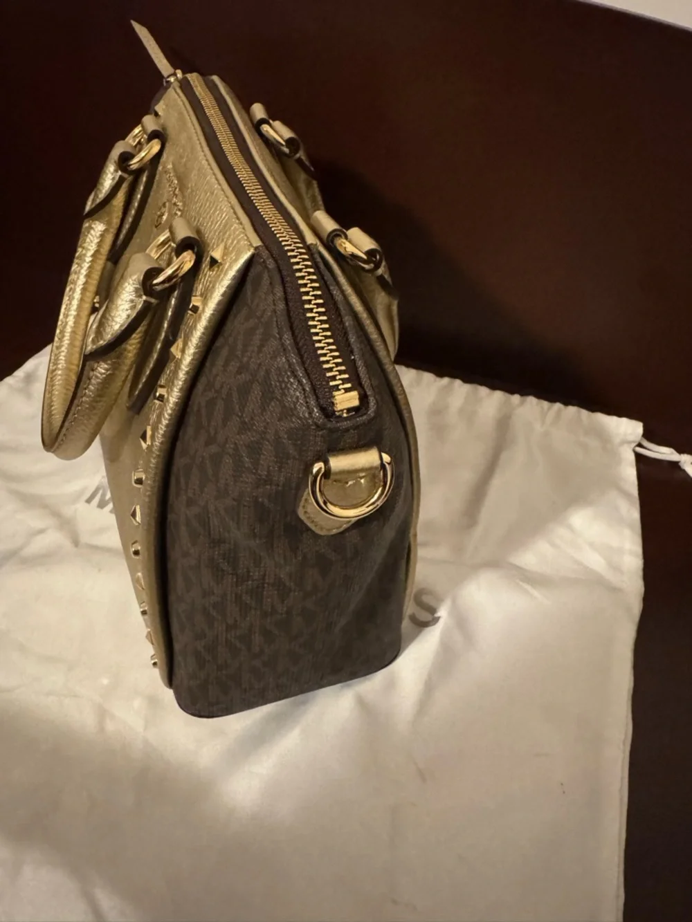 Michael Kors Gold and Brown Logo Satchel - Picture 5 of 7
